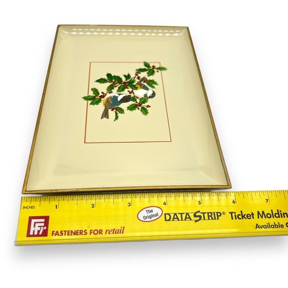 Vintage Otagiri Japan Lacquerware Tray Chickadees on Holly Christmas Bird 8.5x6” - Picture 5 of 12